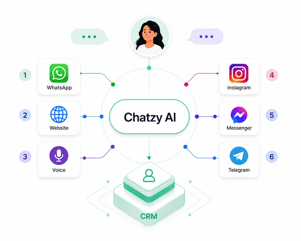 Chatzy AI connects WhatsApp, website, voice, Instagram, Messenger, and Telegram into one unified inbox